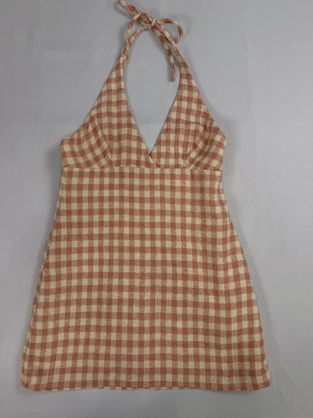 Rust Brown Gingham Halter Mini Dress Cottagecore - Picture 1 of 7